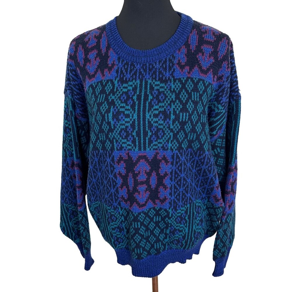 Vintage 1990s Womens Pullover Sweater Geometric Pattern Knit Purple Green XL